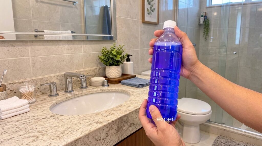 A clear plastic spray bottle filled with a vibrant blue foamy cleaning liquid held by hands in a modern bathroom setting