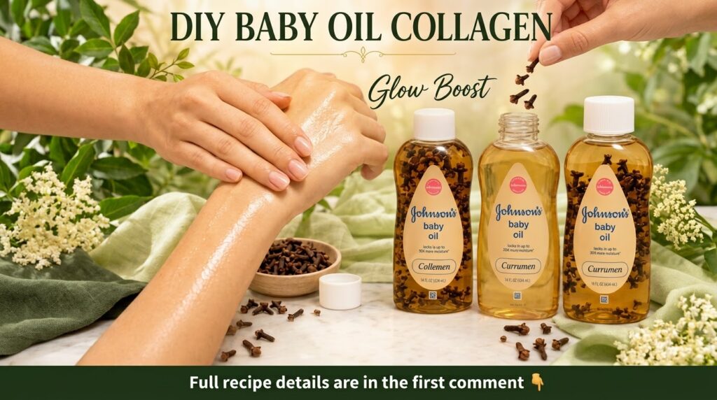 A person s arm glistening with applied clove-infused baby oil with bottles of baby oil containing cloves in the backgrou