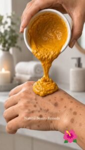 Close-up of hands with a natural scrub being applied highlighting a skin transformation from dark spots to even tone