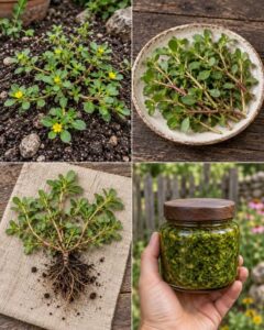 A close-up shot of vibrant green purslane growing in a garden with its distinctive reddish stems and succulent leaves cl