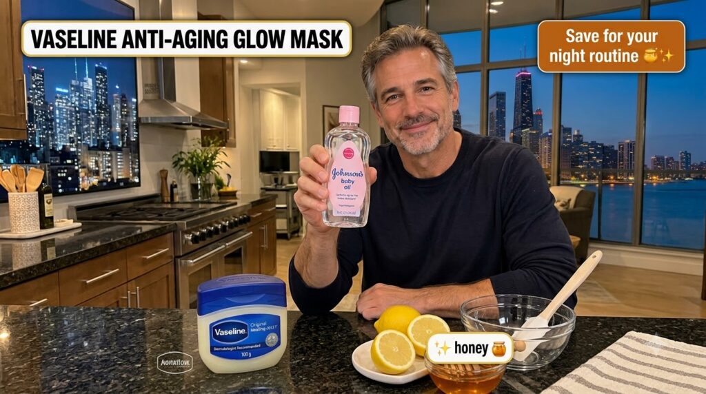 Ingredients for an anti-aging glow mask a bottle of baby oil a jar of Vaseline a cut lemon and a jar of honey arranged o