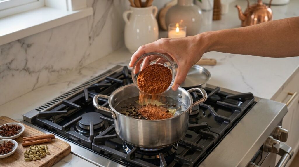A hand pouring reddish-brown spice powder into a pot with water bay leaves and cloves on a stovetop capturing the initia