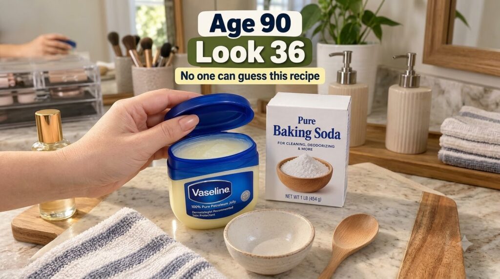 A hand holding an open jar of Vaseline next to a box of baking soda with an empty ceramic bowl and wooden spoon on a lig