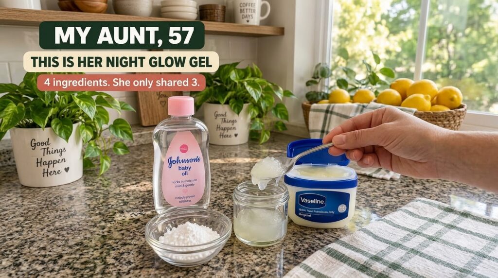 A hand is scooping petroleum jelly into a small jar containing a pre-mixed gel with bottles of baby oil and petroleum je