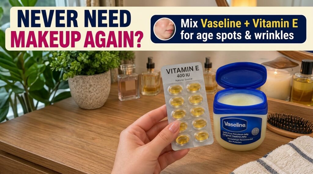A hand holding a blister pack of Vitamin E capsules next to an open tub of Vaseline Original Healing Jelly on a wooden s