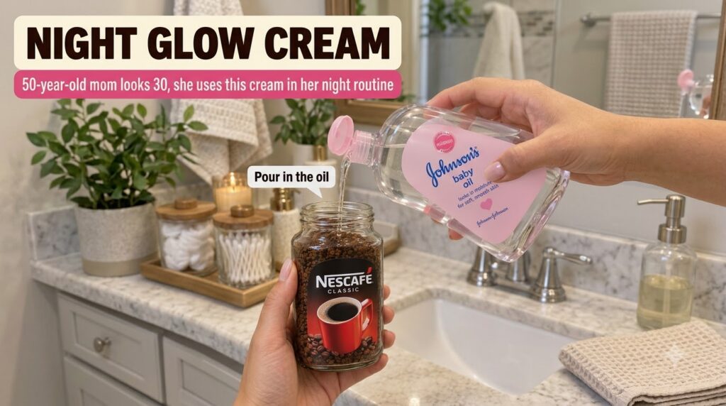 Hands pouring Johnson s baby oil from its bottle into a glass jar containing Nescafe Classic coffee grounds on a blurred