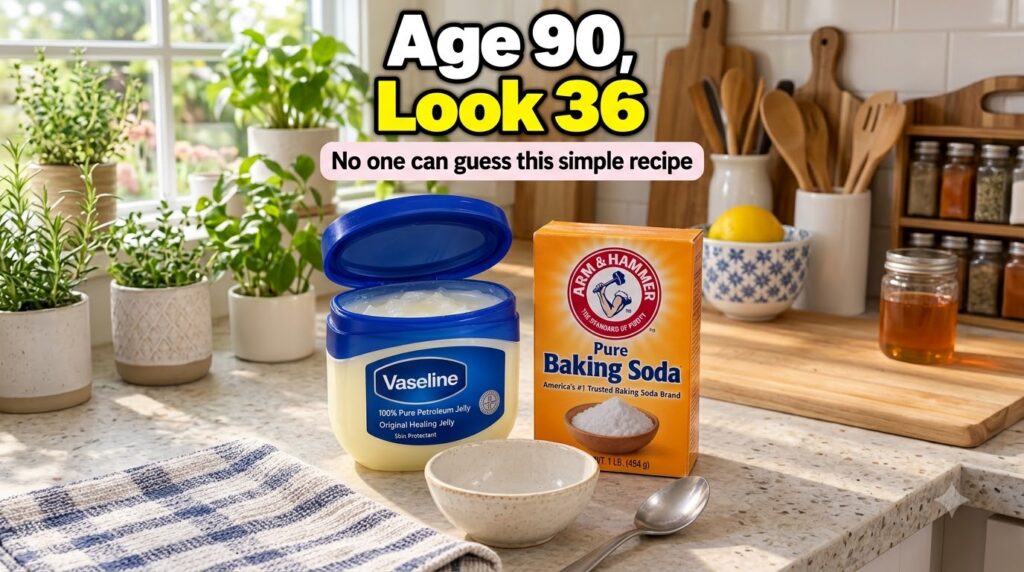 An open jar of Vaseline petroleum jelly and a box of Arm Hammer Baking Soda on a kitchen counter with a small empty bowl