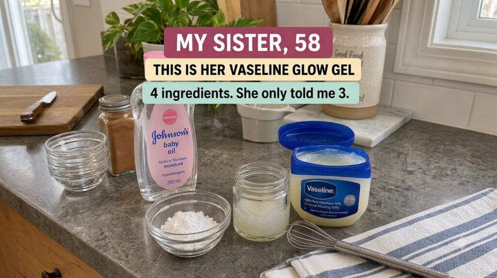 A close-up of a hand scooping Vaseline into a small glass jar with a bottle of baby oil a bowl of white powder cornstarc