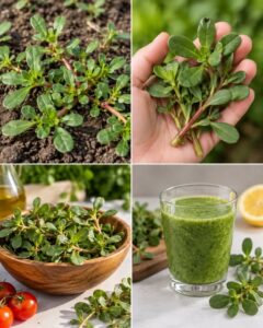 A vibrant fresh cluster of purslane with its distinctive thick reddish stems and succulent green leaves lying on a woode