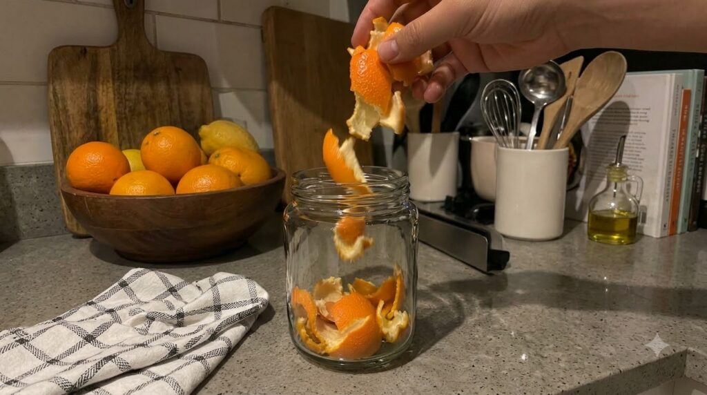 A hand dropping vibrant orange peels into a clear glass jar which already contains a collection of peels Blurred kitchen