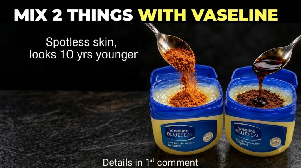 A close-up shot of two open tubs of Vaseline BlueSeal with a spoon dropping reddish-brown powder into one tub and dark l