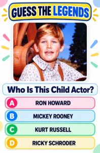A retro-themed quiz graphic featuring a central portrait of a young Ron Howard with red hair and dimples wearing a patte