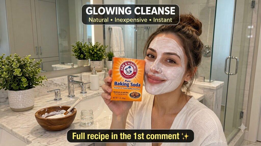 A woman with a white baking soda face mask holding a box of baking soda in a bright bathroom setting