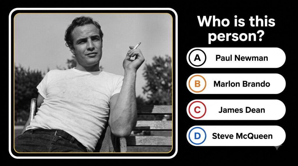 A blurred black and white photograph of a man Marlon Brando holding a cigarette with a distinctive silhouette