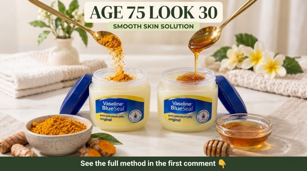 A close-up of two open jars of petroleum jelly with a golden spoon pouring turmeric powder into one and honey dripping i