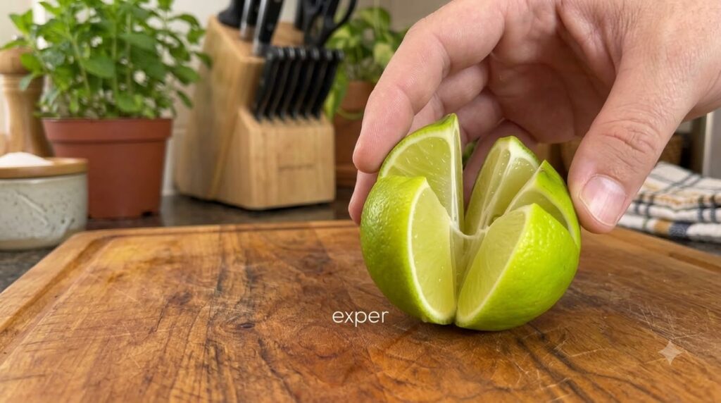 A perfectly cut lime with splayed wedges held in a hand showcasing its vibrant pulp against a blurred background
