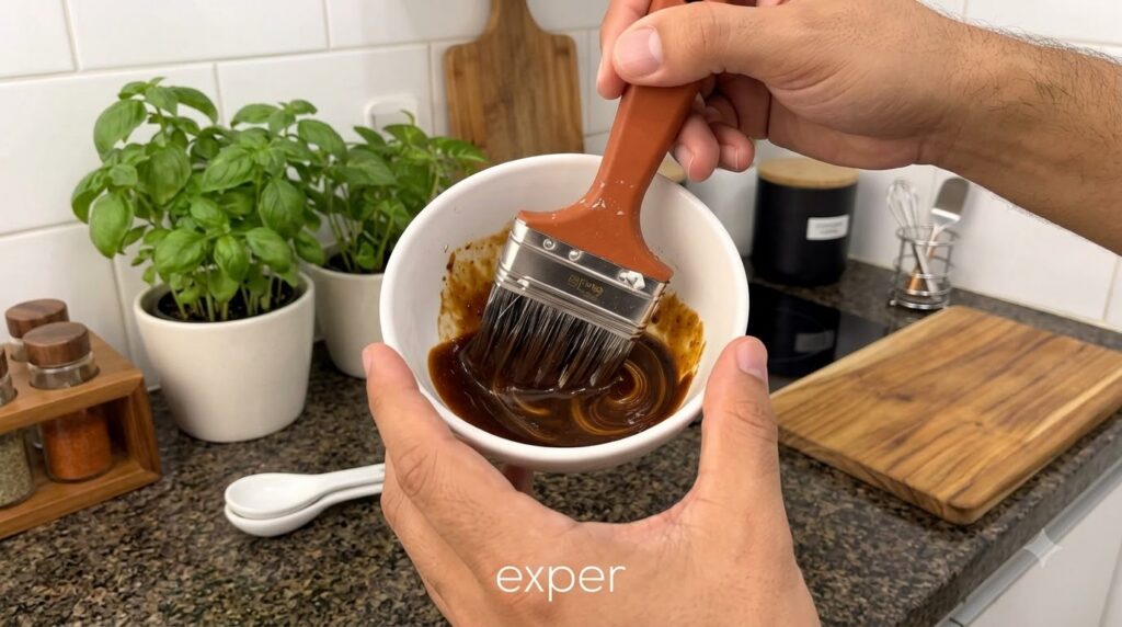 Hands holding a white bowl filled with a dark viscous glaze with a basting brush immersed in it