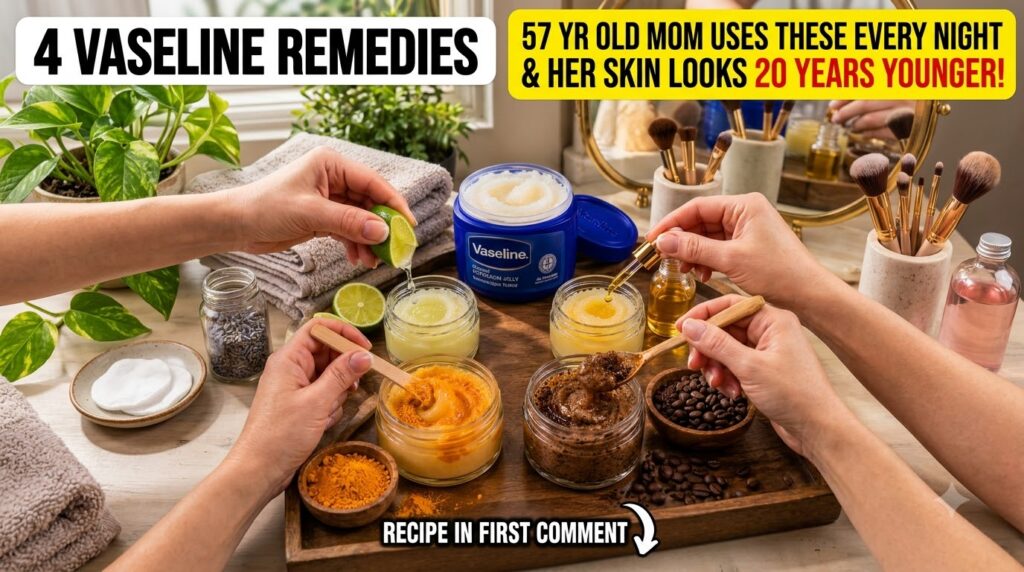 A flat lay of various natural ingredients like Vaseline lemon turmeric coffee and baby oil with hands actively mixing th