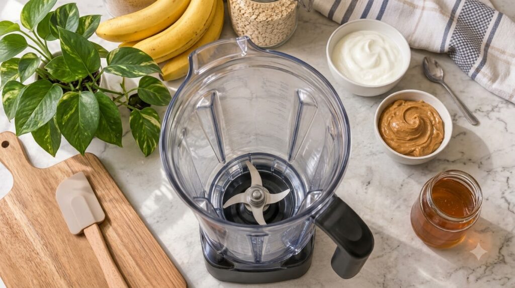 An overhead shot of an empty blender pitcher on a marble countertop surrounded by fresh smoothie ingredients ripe banana