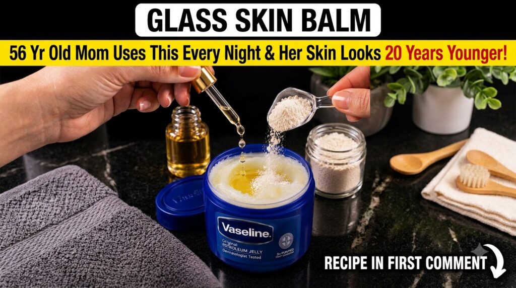 Close-up overhead view of hands mixing Vaseline petroleum jelly golden almond oil from a dropper and white rice powder i