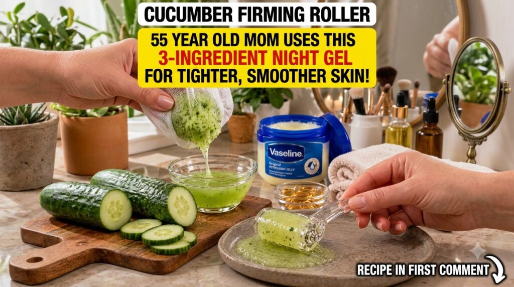 Hands preparing a cucumber-based gel showing cucumber slices grated cucumber being squeezed through a mesh bag green gel
