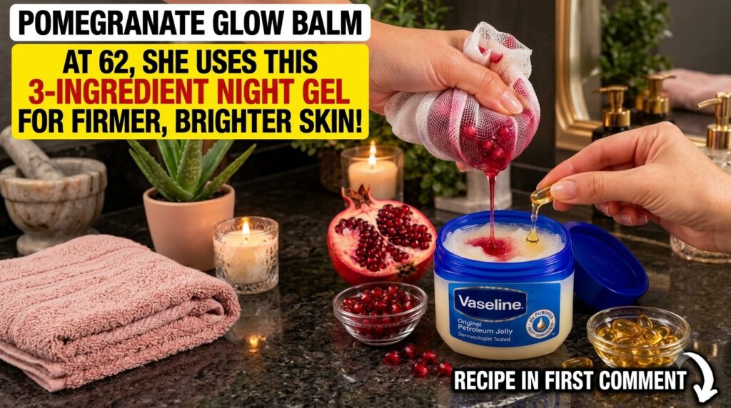 Close-up overhead view of hands preparing the DIY beauty mixture one hand squeezes pomegranate juice into a jar of Vasel