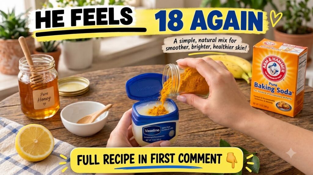 Hands pouring golden turmeric powder into a jar of Vaseline on a rustic wooden surface surrounded by other natural ingre