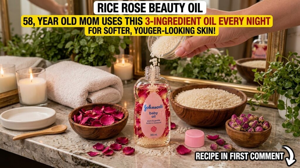 A hand pouring white rice beads into a bottle of baby oil already containing red rose petals with scattered petals and r