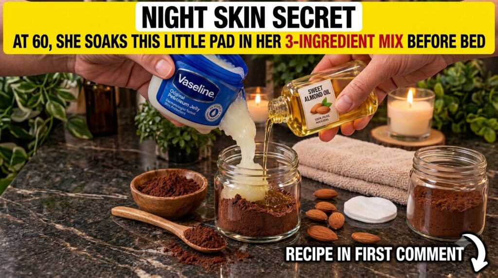 An overhead shot of ingredients being combined A hand squeezes Vaseline into a glass jar while another hand pours sweet