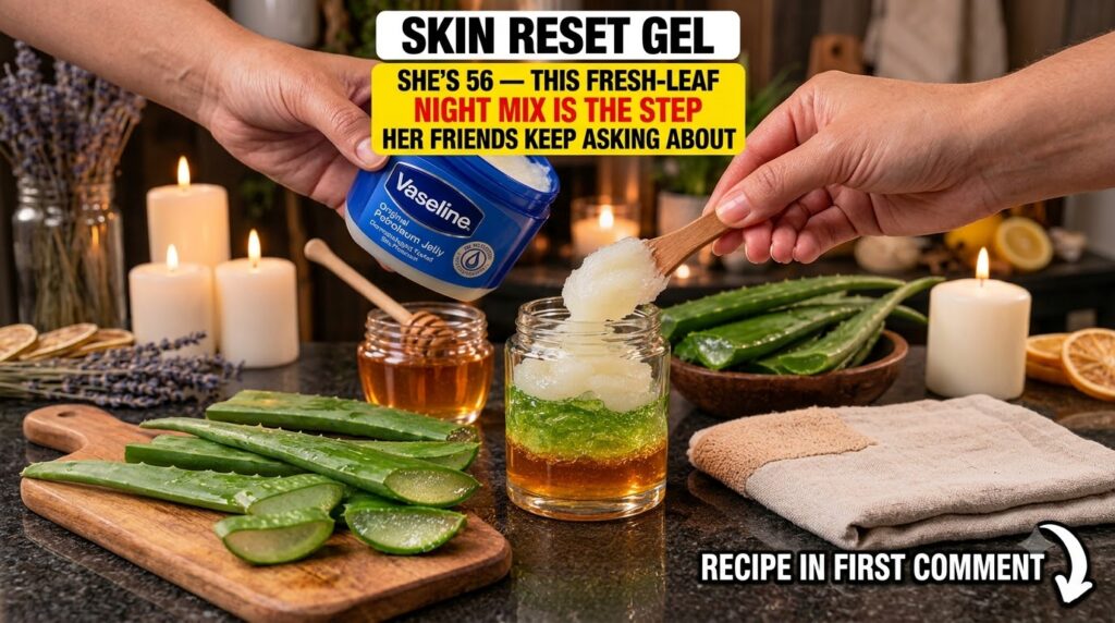 A hand using a wooden spoon to add white Vaseline into a jar with green aloe vera gel and golden honey surrounded by fre