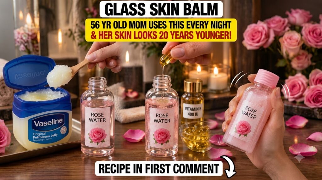 A four-panel collage demonstrating the steps to make rose water glass skin balm scooping petroleum jelly dripping Vitami