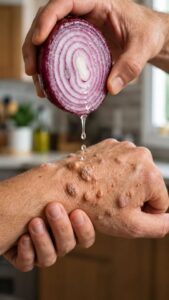 A close-up of a hand holding a freshly cut onion with a small wart visible on a finger implying the remedy s target area