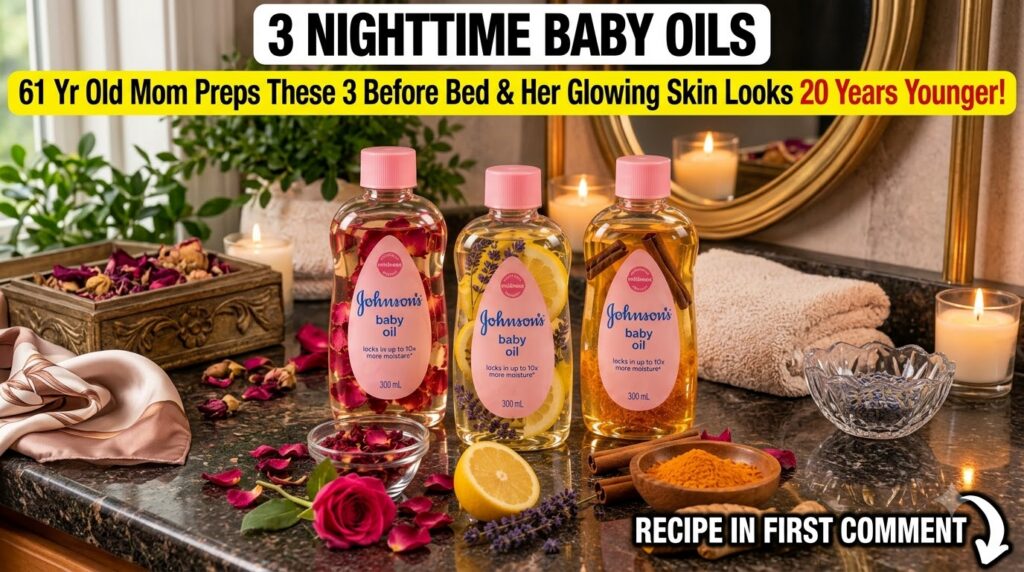 Three bottles of Johnson s baby oil infused with rose petals lemon slices and lavender and cinnamon sticks with turmeric
