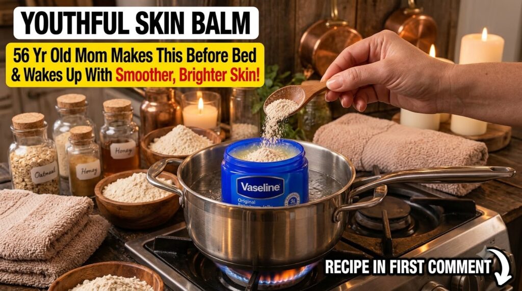 A blue Vaseline jar being heated in a pot of water on a stovetop with a hand pouring white rice powder into the melting 