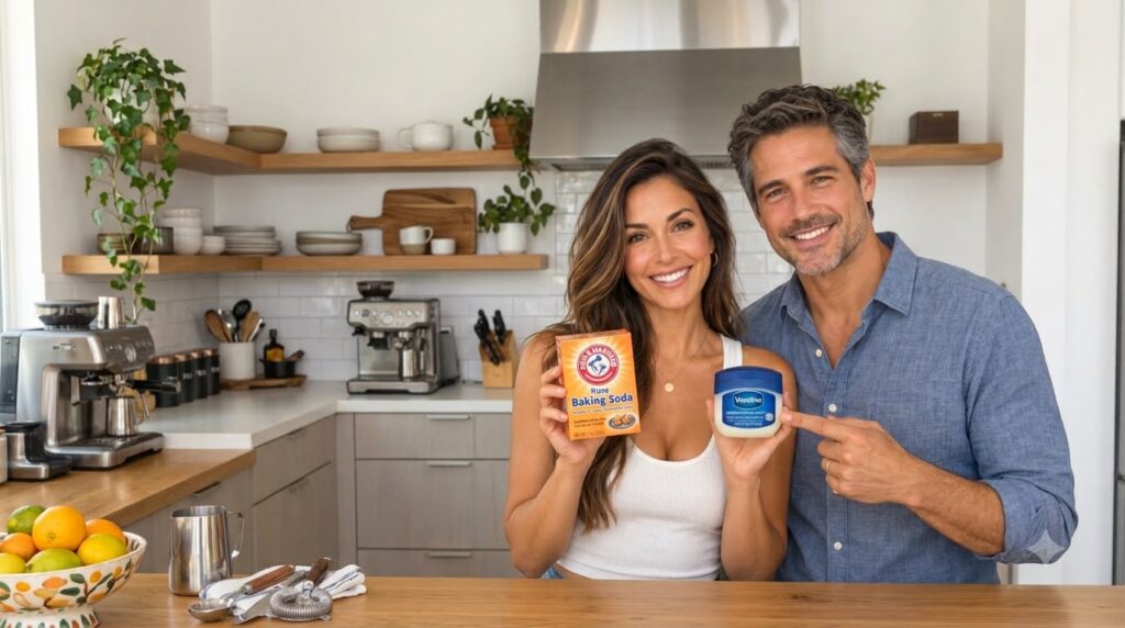 A smiling man and woman in a bright modern kitchen the woman holding Arm Hammer Baking Soda and the man pointing to a ja