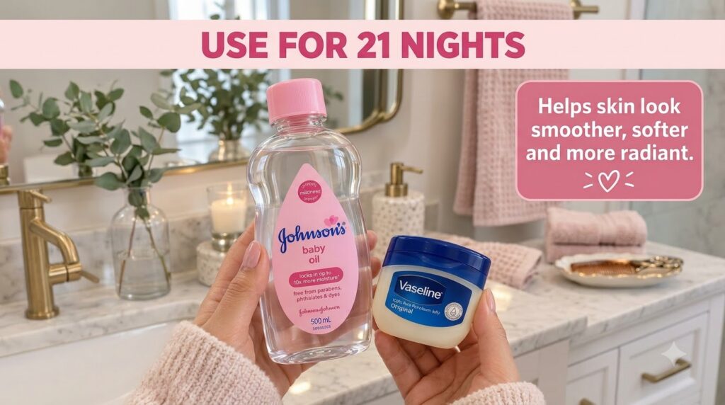 Hands holding Johnson s Baby Oil and Vaseline in a bathroom setting with a lit candle overlayed with USE FOR 21 NIGHTS a