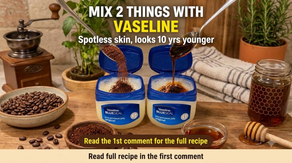 Hands mixing natural ingredients like honey and coffee into separate tubs of Vaseline on a wooden surface surrounded by 