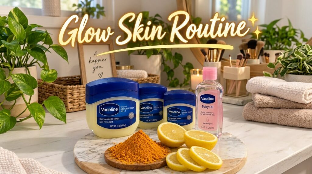 An array of skincare products and natural ingredients arranged on a bathroom counter featuring Vaseline Original Healing