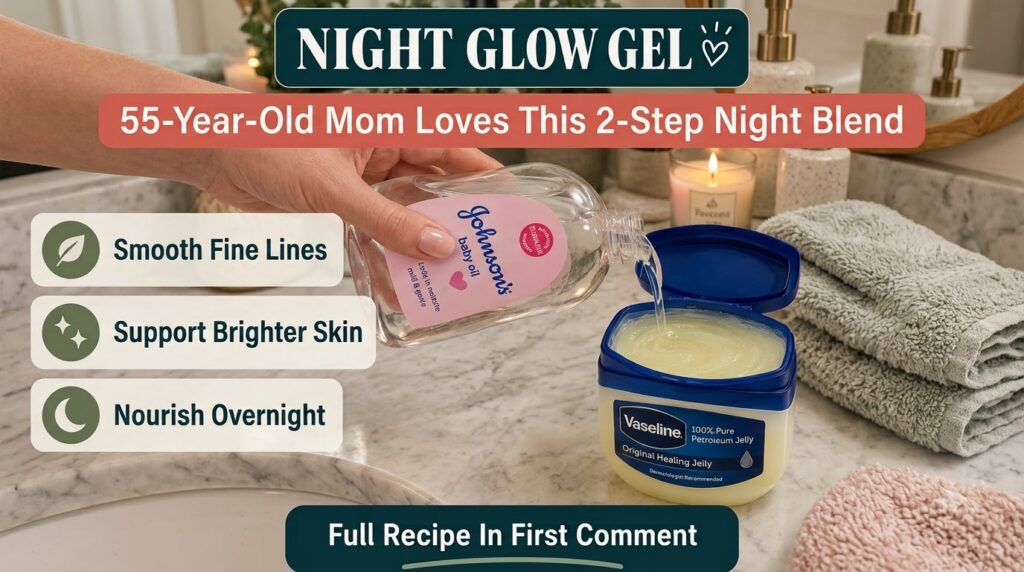 A hand pouring Johnson s baby oil into an open jar of Vaseline petroleum jelly on a bathroom counter