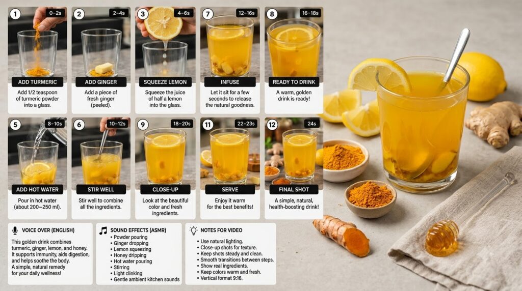 A 3x4 grid showcasing 12 steps for preparing a golden drink with hands interacting with ingredients like turmeric root s