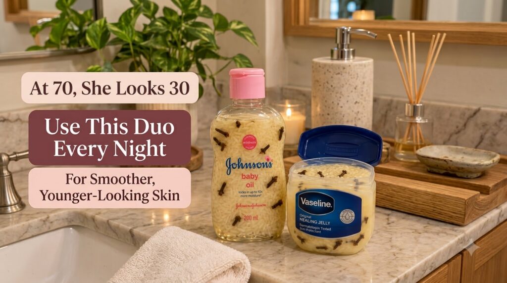 A bottle of Johnson s baby oil and an open tub of Vaseline creatively repurposed with rice grains and cloves suggesting 