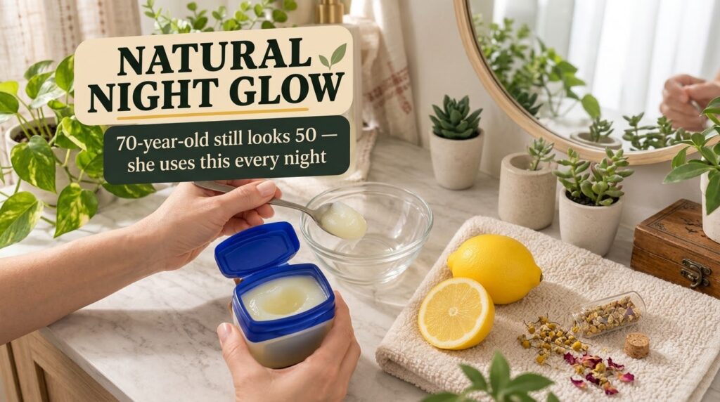 Hands mixing petroleum jelly and lemon juice in a small glass bowl on a marble countertop surrounded by whole and halved