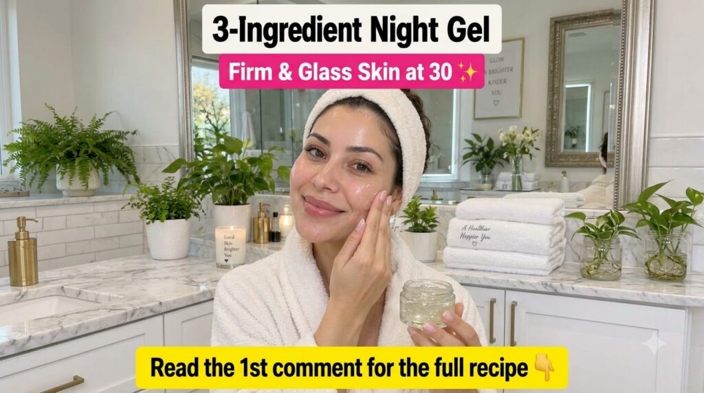 A woman smiling while applying a clear gel-like substance to her face in a bright clean bathroom She is wearing a cream-