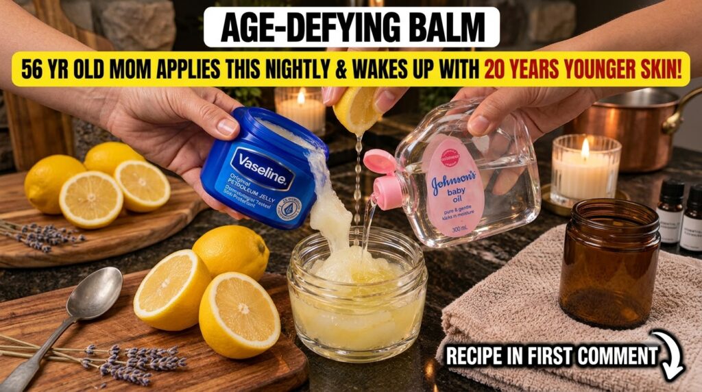 Hands mixing Vaseline lemon juice and baby oil in a clear glass jar on a wooden board with lemons and a candle in the ba