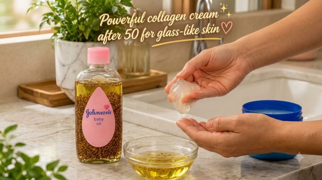 A close-up of a DIY beauty setup showing a bottle of carrier oil infused with fenugreek seeds a small bowl of the golden