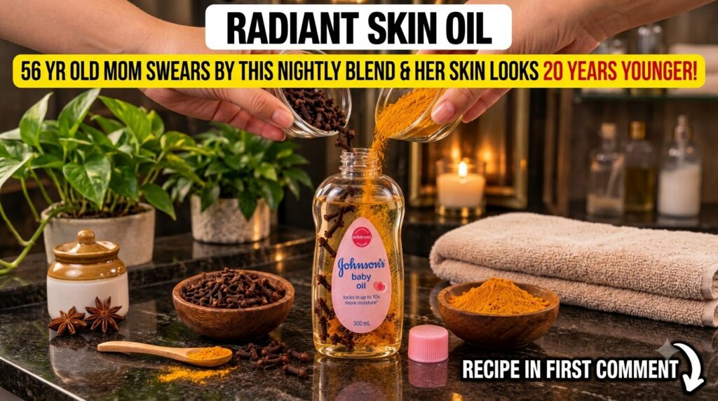 Hands gently pouring cloves and turmeric powder into a bottle of baby oil on a dark textured surface with a blurred hous