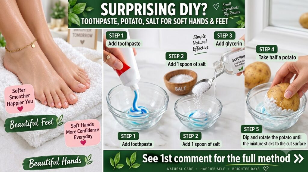 An infographic detailing a DIY scrub for soft hands and feet featuring panels of soft hands and feet and five steps show