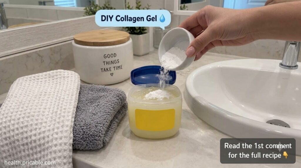 A hand pouring white powder from a small white bowl into an open tub of Vaseline petroleum jelly on a light-colored bath