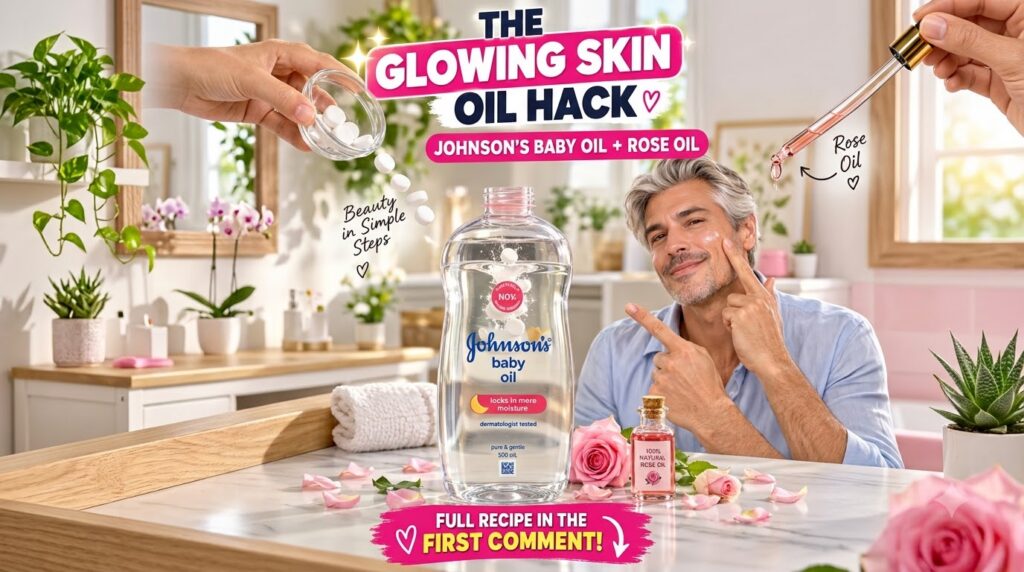 A man smiling and pointing to his cheek next to a large bottle of Johnson s baby oil with small white tablets dropping i