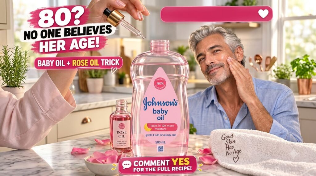 A large bottle of Johnson s baby oil with a hint of pink liquid a hand holding a dropper dispensing pink liquid towards 